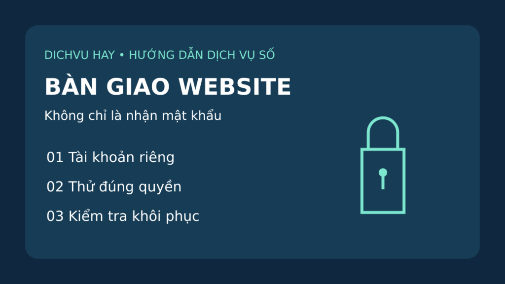 Bàn giao website qua ba lớp kiểm tra: tài khoản, quyền truy cập và khả năng khôi phục.